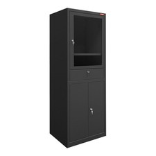 Computerschrank STIER mit Schublade und Tür, 1750x650x350 mm, schwarz - N