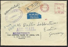 Indien Einschreiben Brief mit Freistempel von Kalkutta nach Eutin, 31.05.54