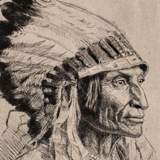 Otto Quante Männerporträt First Nation Indigene Kopfschmuck sign Radierung 80/90