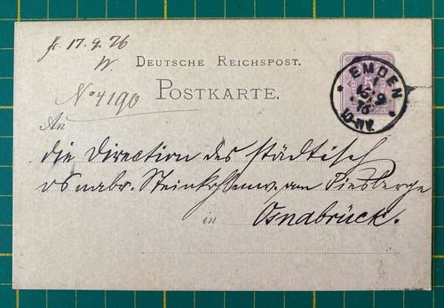 Ganzsache emden 1876 nach - emden, 16.9.1876