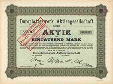 Duroplattenwerk AG 1922 Berlin Riesa Ad. Haussmann Druck Gründeraktie 1000 Mark