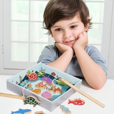 Angelspiel mit zwei Angeln, 14 Fische, Holz-Spielzeug 16 teilig, Kindergeschenke