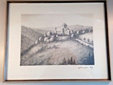 Schloss Burg, Solingen, antike Radierung, signiert von Erich Hasenclever