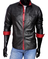 Herren Echt Schafsleder Hemd - Schwarz mit Rot - Langarm Slim Designer Fit