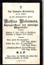 Sterbebild Bürgermeister Mathias Wiedenmann 1910 Behring Eppisburg Dillingen 