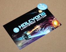 Halcyon 6 Lightspeed Edition Promo Card with a Pin Button on it Gamescom 2017