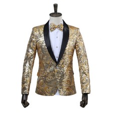 Herren Pailletten Schal Revers Anzug Jacke Bühne Kostüm Show Party Tunik Glitzer