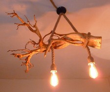 Deckenlampe aus Wurzelholz mit Jutekabeln und zwei E 27-Fassungen