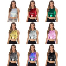 DE Damen Metallic Glänzend Shirts Stretchig Tank Crop Top Disco Raves Party Club