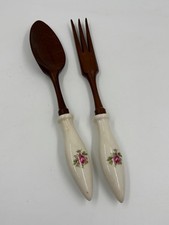 Salatbesteck 2‑teilig, 18 cm, Holz mit Porzellan‑griffen Rosendekor, Vintage