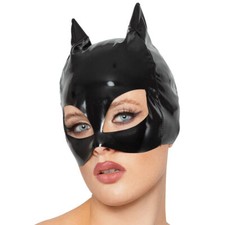 Lack Kopf-Maske S-L Catwoman Wetlook Glanz Katzen Petplay schwarz Damen Karneval