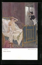 Künstler-AK Robert Schiff: Tagwache, müde Frau liegt in ihrem Bett, Dienstmäche 