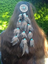 Boho Hippie Feder Haarschmuck - Indianerschmuck - 3 Stränge, Länge 36cm