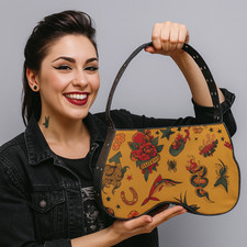 Handtasche Tattoo Beige Damentasche Vintage Rockabilly Oldscool Nieten Retro