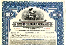 ungelocht City of Duisburg $ 1000 gold bond 1925 germany Ruhrgebiet Niederrhein