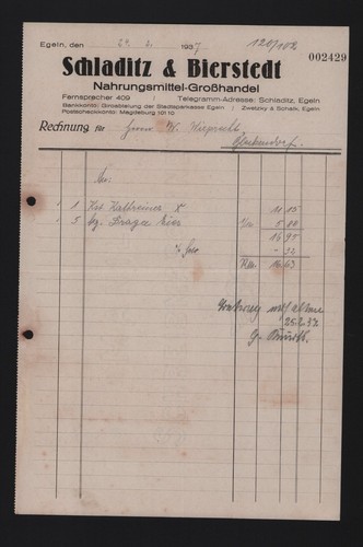 Egeln rechnung 1937 - egeln,,