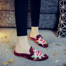 Damen-Slipper Samt spitz zulaufend Halbschuhe flache Stickerei Pantoletten Ethno