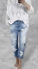 SEXY WOMAN Boyfriend Baggy Jeans Waschung Perlen Spitze destroyed unterlegt
