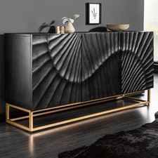 Massives Sideboard SCORPION 140cm Schwarz Mangoholz 3D Schnitzerei Kommode Retro
