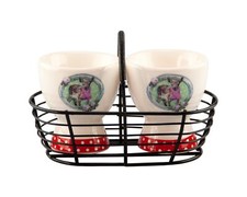 2er Set Keramik Eierbecher weiß bemalt Design Reh Eier Becher + Metallkörbchen