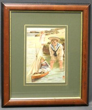 Kunstdruck spielende Kinder am Strand Passepartout gerahmt Maß 17 x 11,5 cm