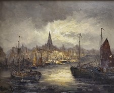 Ölgemälde Schiffe Hafen Amsterdam Dämmerung Peter Brouwer (1935) 
