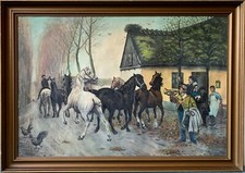 Ölbild Altes Haus mit Pferden