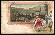 Passepartout-Lithographie Freiburg i. B., Blick vom Hebesack, Kinder am Fenster 
