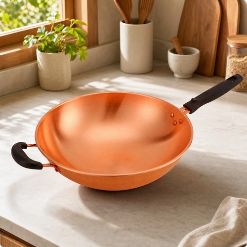 Runder kupferwok mit - mit, flachem