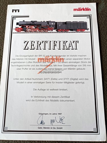 Märklin original certificate - märklin, certificate-