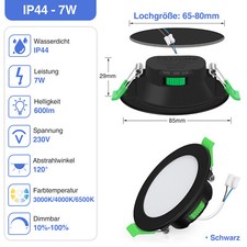 65-80mm LED Einbaustrahler 230V Dimmbar Ultra flach 7W Deckenspot IP44/IP65