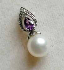 Gold Kette Anhänger Weissgold 375 9K mit Perle, Amethyst & Diamant ca 0.01ct 