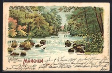 Lithographie München-Schwabing, Wasserfall im engl. Garten 1900 