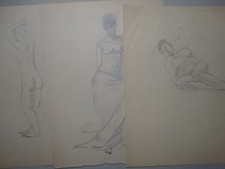 Weibliche Akte Körperstudien Frauen stehend liegend 3 Bleistiftzeichnungen 1955