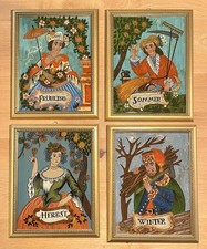 Vier 4 Jahreszeiten Naive Hinterglasmalerei Antik