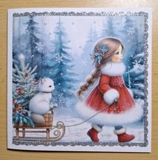 edle Weihnachtskarte °Mädchen mit Schlitten° Grusskarte Weihnachten Handarbeit