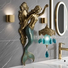 Mermaid Wall Lamp, Antique Bronze Mermaid Wall Sconce with Lantern, Vintage Ocea