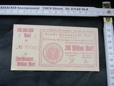 Münzen-Papiergeld-Inflation,Original,Pfalz Grünstadt 200 Millionen  1923