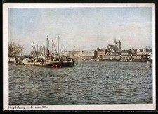 Magdeburg, Ansichtskarte, Elbpartie mit Schiffen 