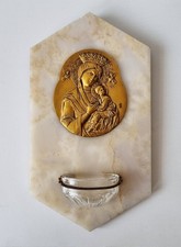 schönes Art Deco Weihwasserbecken Marmor mit Bronze Plakette Maria & Jesus 1920