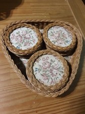 13 Glas Untersetzer aus Holz in Halterung Vintage mit geflochtenen Rand