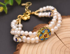 B15 vergoldetes Armband Süßwasserperlen und bunte Cloisonne Blume