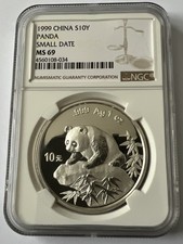 1999 China 10 Yuan Panda 1 OZ  999 Silber Small Date  NGC MS69