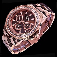 Gooix Damen Armband Uhr Schwarz Braun Rose Gold Farben Multi Glitzer Steine