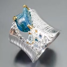 Designer Silber Ring-925er Silber-14ct Gold- Apatitbrocken-Topastropfen-RG:18-57