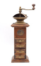 Antike Kaffeemühle Holz & Messing mit Handkurbel alt Schubladen Optik H 39 cm