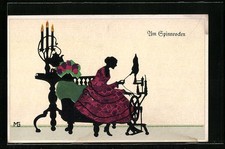 Künstler-AK Marte Graf: Schattenbild, Frau am Spinnrad 