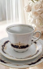 Mitterteich Bavaria Kaffeegedeck Kaffeeservice Porzellan blau weiß gold 3 tlg. 