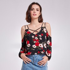 Damen Sexy Shirt Oberteil Top Chiffon schulterfrei Carmen Blumen Druck Party