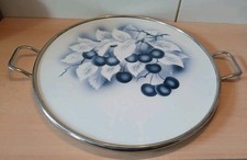 vintage Art Deco Tortenplatte Porzellan mit Obstdekor - Metallrand und Griffe